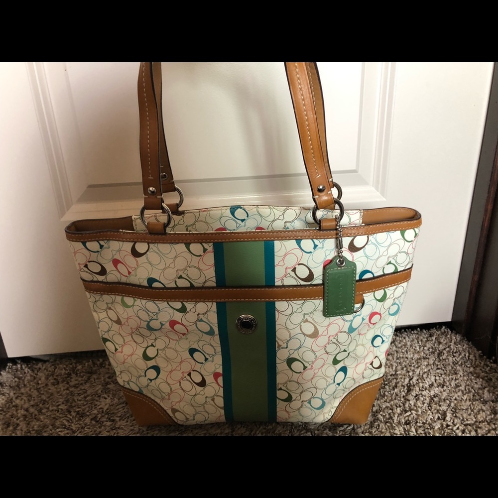 Leather Coach shoulder bag with multi-colored C’s